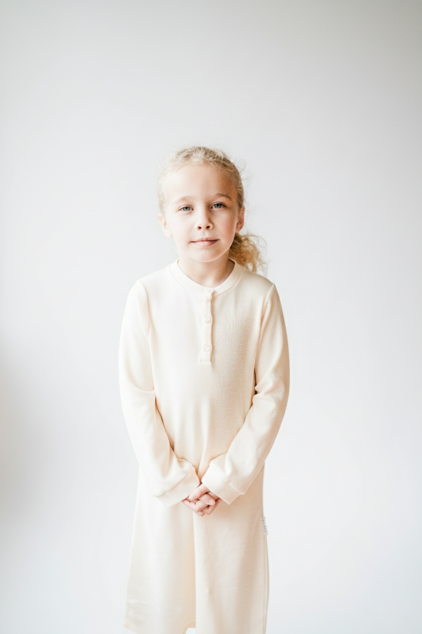 Youth / Kids / Toddler / Children’s Cotton Long-Sleeve Waffle Knit Sleep Gown | Cream